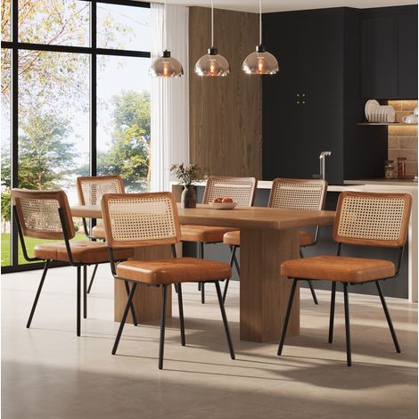 Lot de 6 chaises de salle à manger en PU marron, dossier rotin (1/5)
