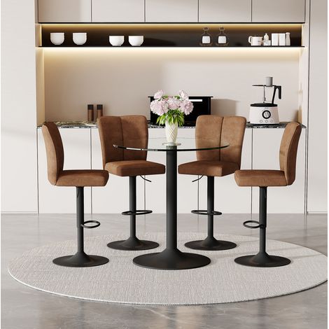 Conjunto de bar 5 piezas: mesa redonda de cristal 89 cm y 4 taburetes giratorios, marrón y negro (1/5)