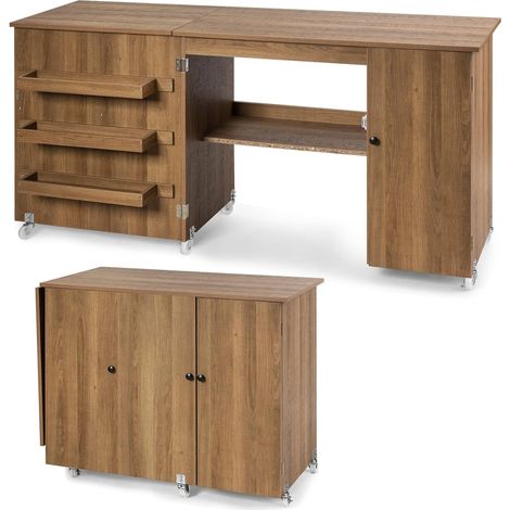 COSTWAY Mesa Plegable de Costura, Mesa versátil abatible para Manualidades con Superficie Amplia, Escritorio para Ordenador con Ruedas bloqueables (Natural) (1/5)
