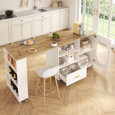 Îlot de cuisine sur roulettes plateau pivotant 360°, table de bar avec rangement, tiroir, porte vitrée texturée et étagère réglable, 120–180 ×60 ×90 cm naturel/blanc (1/5)