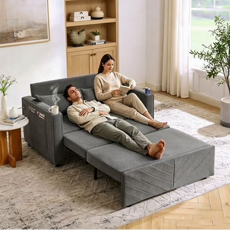 REDOM - Canapé convertible 2 places, fonction sofa lit et ruheliege, système coulissant, ports USB intégrés, bois et tissu gris foncé (1/5)