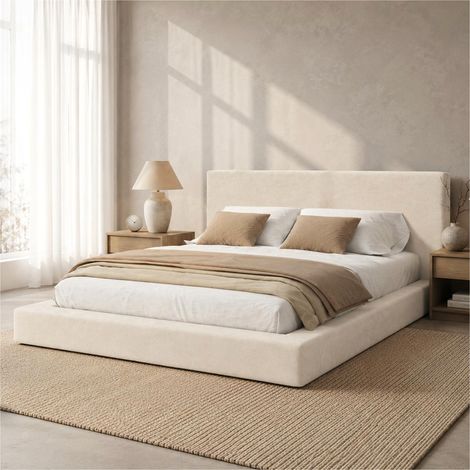 Lit rembourré 180x200 cm, lit double capitonné moderne, design contemporain, tête de lit épaisse, tissu Chenille Beige, sommier à lattes renforcé (1/5)