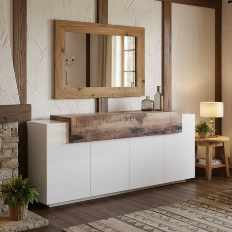 Dmora Aparador moderno de 5 puertas, Made in Italy, Aparador de cocina, Buffet de diseño para sala de estar, cm 200x45h86, Color blanco brillante y arce, con embalaje reforzado (1/4)