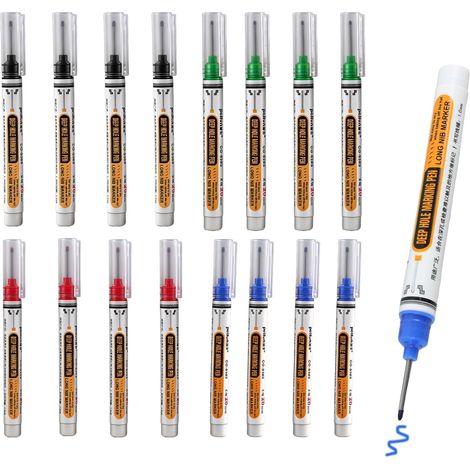 Lot de 16 marqueurs à pointe extra longue de 20 mm pour trous profonds, idéal pour bois, plastique, métal, carton et mur, avec séchage rapide et imperméabilité, 4 couleurs (noir, bleu, rouge, blanc) (1/5)