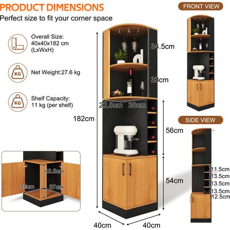 Aparador esquinero 40x40x182 cm de MDF negro con colgador de copas – MEUBLIV (1/5)