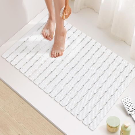 Tapis de douche à drainage rapide, 63 x 40 cm, antidérapant avec excellente adhérence, tapis de douche surélevé pour l'intérieur de la douche, tapis de sol de douche résistant et enroulable, blanc. (1/5)