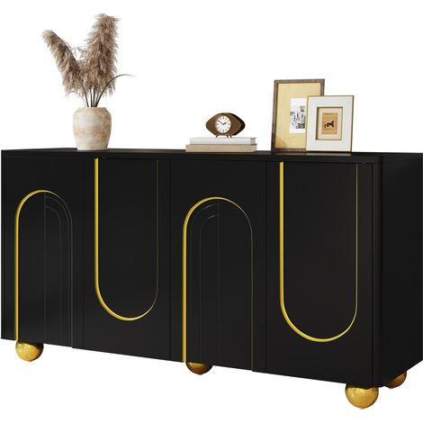 Buffet 4 portes avec lignes cintrées dorées, deux rangements séparés, pieds métalliques sphériques, pour salle à manger, entrée et salon CHICFURN (1/5)