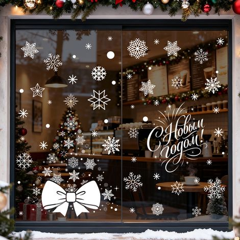 Autocollants de Noël, autocollants du Nouvel An russe, silhouettes de villes blanches, scènes d'hiver enneigées, autocollants de flocons de neige pour fenêtres.