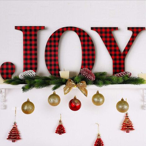 Lettres décoratives en bois Noël "JOY" 30x30cm, motif écossais rouge et noir, kit 1 lot de lettres en bois, décoration murale festive.
