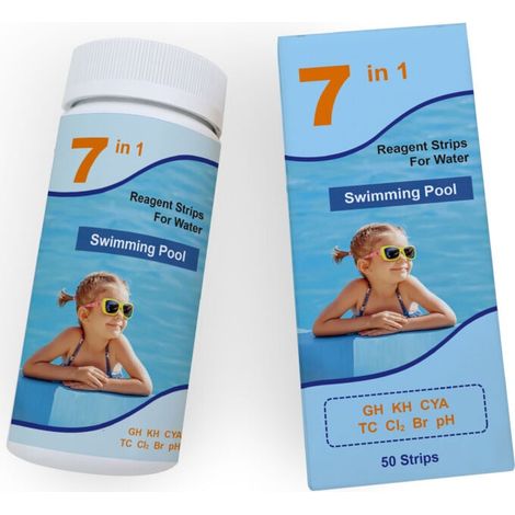 Lot de Bandelettes de Test 7 en 1 pour Piscine et Spa Mesure Précise du Brome de l'Acide Total, du pH, du Chlore Libre, de la Dureté de l'Eau, de l'Acide Cyanurique et du Chlore Total 50 (1/4)
