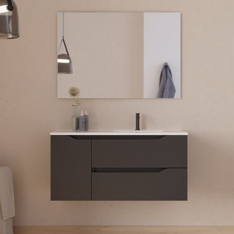 Meuble de salle de bain 100cm avec vasque déportée à droite et miroir - 2 tiroirs et un placard - noir - ZARZA