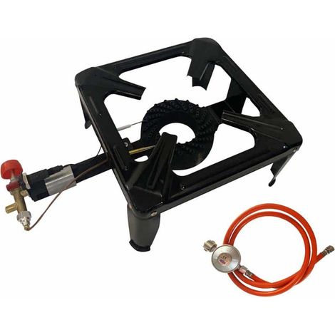BBQ Gaskocher Hockerkocher mit Piezozünder Wokbrenner Wok 47x30cm Campingkocher mit Schlauch Druckregler - 4 beiniger Gas Kocher Gusseisen Outdoor (1/4)