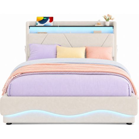 Lit capitonné 160x200 cm en velours beige avec tête de lit à étagère, LED, rangements, ports USB Type‑C et coffre relevable silencieux - CHICFURN (1/5)