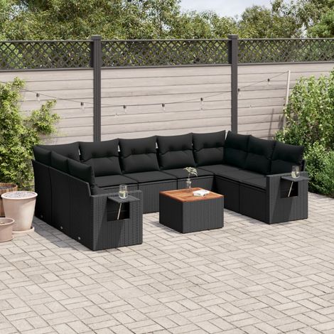 Ensemble Salon Jardin 10 Places Résine Tressée Noir avec Coussins - Table Acacia - Modulaire (1/5)
