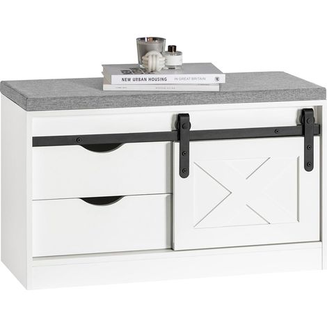 Sobuy – Banc à chaussures FSR153W – Meuble d'entrée avec coussin rembourré – 2 tiroirs, 2 étagères, porte de grange – Capacité 227 kg (1/5)