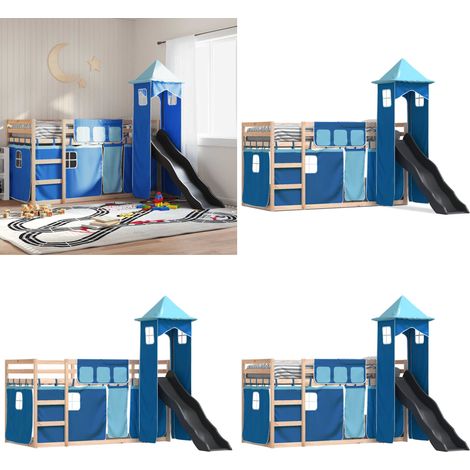 Lit superposé sans matelas avec toboggan et rideaux 90x190 cm - Lit Superpose - Lit Enfantine - Lit Avec Toboggan - Lit Design - Meuble Enfant - Home & Living