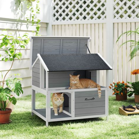 Niche d'extérieur pour chat, abri pour chat d'extérieur, imperméable, toit à charnières, bois d'épicéa, 80 x 93 x 95 cm, gris
