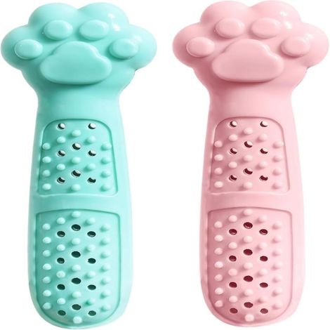 Lot de 2 s de nettoyage de dents en caoutchouc à l'herbe à chat, rose et vert (pour chatons) (1/5)