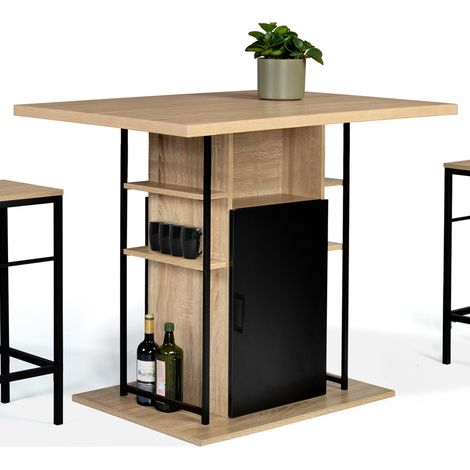 Idmarket – Îlot central 110 cm bois noir et imitation hêtre – Table haute de bar avec rangements – 6 places – Design industriel