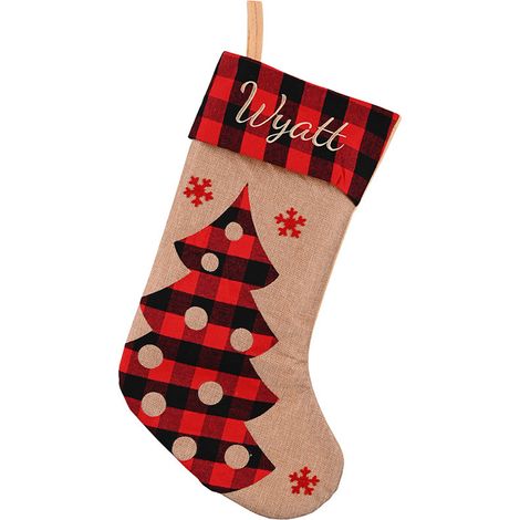 Chaussette De Noel En Lin A Carreaux Rouge Et Noir, Decoration Fete Avec Flocon De Neige, Sac Cadeau Large Pour Petite Arbre-KZQ (1/2)