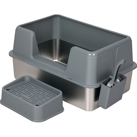 Skylos Stainless Steel Cat Litter Box High Sided Litter Tray with Scoop Pedal