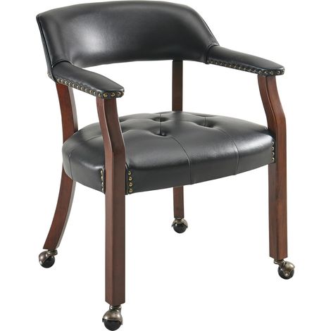 PADMA HOUSE Large Dining Chairs with Casters and Arms, Rolling Dining Chairs with Wheels, Accent Game Poker Chairs, Boss Caption's Chairs, Solid Wood Legs and Faux Leather Seat, Cherry Brown XXY1910WR (1/5)