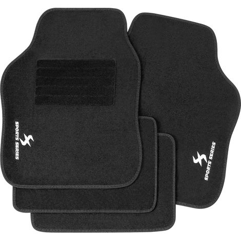 Woltu – Tapis de voiture universel antidérapant – Lot de 4 pièces – Taille avant 65.5x45cm, arrière 33x45cm – Broderie 'SPORTS' – Noir