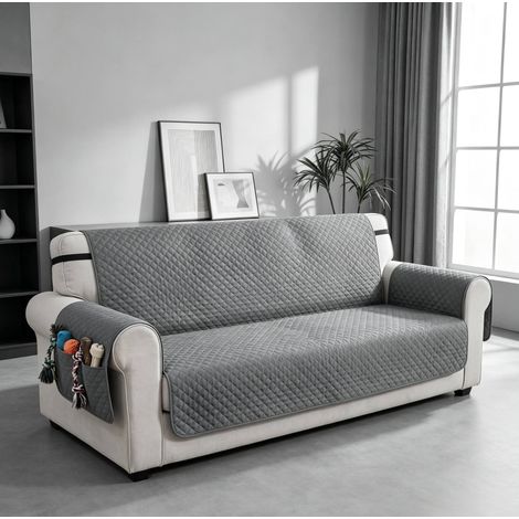 Funda de sofá de 3 plazas impermeable antideslizante con bolsillos, gris OKMYHOME (1/5)