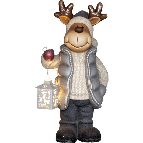 HOMCOM Weihnachtsdeko Figur, Rentier mit Laterne, 52 cm Weihnachtsfigur mit LED-Licht, Dekofigur zu Weihnachten, für In- und Outdoor, Metall (1/5)