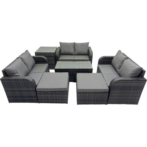 Fimous 3 Seater Sofa Reclining Chair Coffee Table Set Rattan Garden Outdoor Furniture Set with Side Table 2 Big Footstools Dark Grey Mixed (1/5)