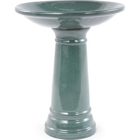 Bain d'oiseaux en céramique artisanale (Ø 31,5 cm, hauteur 38 cm), vert foncé brillant avec un émail lisse et lustré, résistant aux intempéries et au gel, pour jardin, terrasse et balcon. (1/5)
