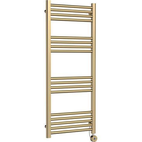 Nuie Round Bar Electric Heated Towel Rail 1200mm H x 500mm W - Brushed Brass (1/3)