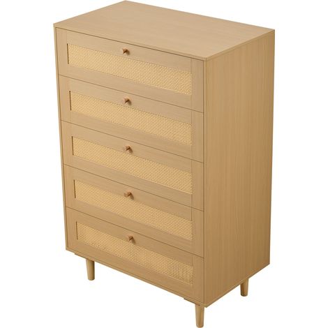 Mophorn Cómoda de ratán con 5 cajones, asas y patas metálicas, amplio espacio de almacenamiento, mueble moderno para dormitorio, sala de estar o entrada, 70,2 x 40 x 106,5 cm, color madera natural