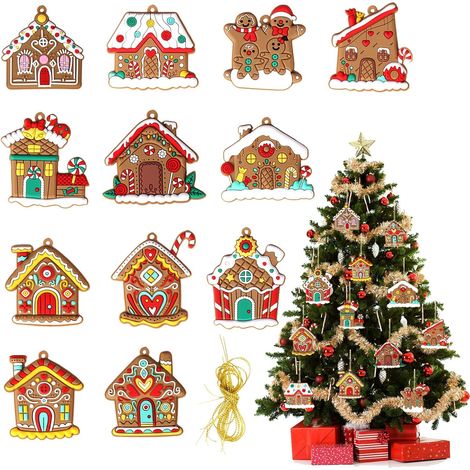 12 Pièces Ornement Sapin de Noel de Pain D'épice Decoration Maison, Déco Noel Intérieur Maison avec Cordon, Décoration Noël à Suspender pour Fête de Saison Festive (1/5)