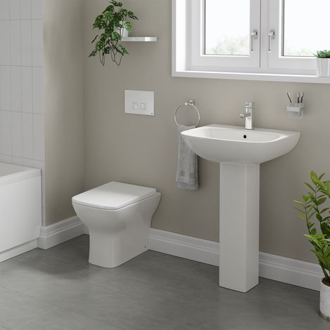Lyon 545mm Full Pedestal Basin and Back to Wall Toilet Suite with High In Wall Concealed Cistern and White Flush Plate