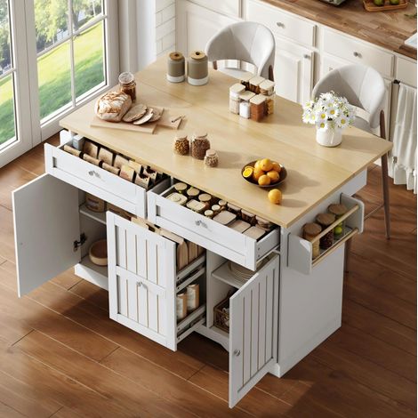 Îlot de cuisine mobile avec plateau rabattable, 2 tiroirs verticaux, MDF, naturel et blanc (1/5)
