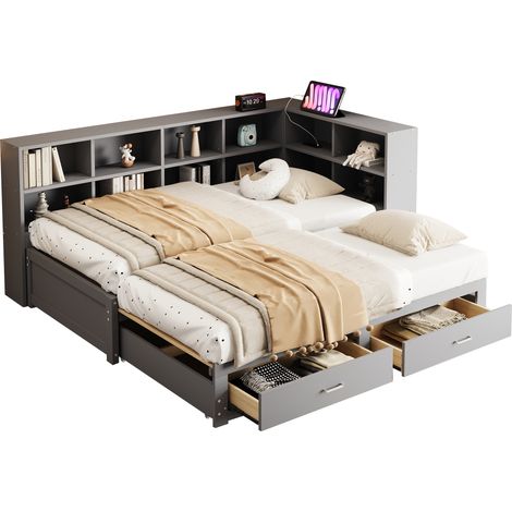 Lit banquette bois 90/180x190 gris, gigogne, rangement, sans matelas