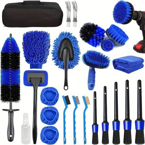 Set professionale di 25 pezzi per la pulizia dettagliata, con spazzole per la pulizia interna ed esterna di cerchioni, vetri e per la cura dell'auto. Ideale per gli appassionati del fai da te e i prof (1/5)