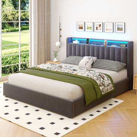 Lit 2 places 140x200 cm, velours gris foncé, rangement caché, port USB, éclairage LED, cadre métallique renforcé (1/5)