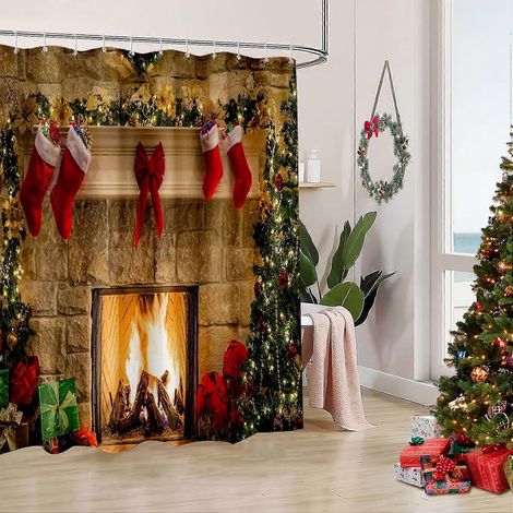 rideau de douche de Noël en tissu, rouge, pour salle de bain, décoration de Noël hivernale, motif sapin de Noël et cheminée (1/5)