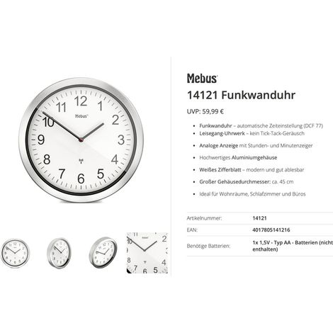 Mebus 14121 Funk Funkuhr 45 cm Aluminium Leisegang-Uhrwerk