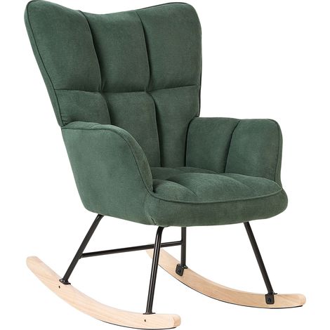 Silla mecedora de poliéster verde oscuro negro madera clara patas de madera Oulu