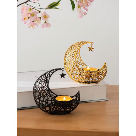 Lot de 2 porte-bougies en forme de lune en métal, couleur or noir, style luxueux et créatif, chandelier en fer pour table, décoration de fête pour maison, bureau, cadeau pour la Saint-Valentin (1/4)