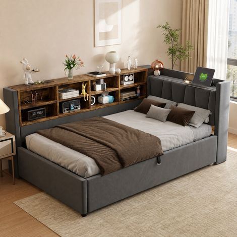 Cama 90x200 cm de terciopelo gris oscuro, con almacenaje para dormitorio, sin colchón -FLORAGRACE (1/5)