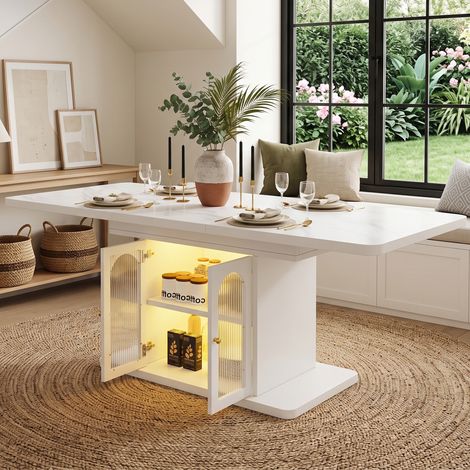 Tavolo da pranzo allungabile 150/200  80 cm, adatto per 6–8 persone, con spazio di archiviazione, piano del tavolo spesso, illuminazione a striscia LED, tavolo da pranzo in stile scandinavo, bianco +  (1/5)