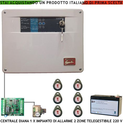 Diana Centrale 2 Zone Allarme 6 Chiavi TAG 2 Meccaniche Batteria 12 V 7 Ah per Impianto Antifurto Filare. Gestisce Sensori Con Comando Remoto Per Telegestione Uscita Sirene Combinatore SOS Telecamere (1/4)