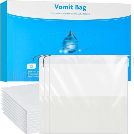 Sacs à Vomi Jetables, 12PCS Sac à Vomi étanche 1000mL avec tampons Super absorbants, Absorbants Sacs à vomi Zéro Odeur, Sac Vomissement Voiture, Sac Vomitoire Enceintes pour Enfant et Adulte (1/5)