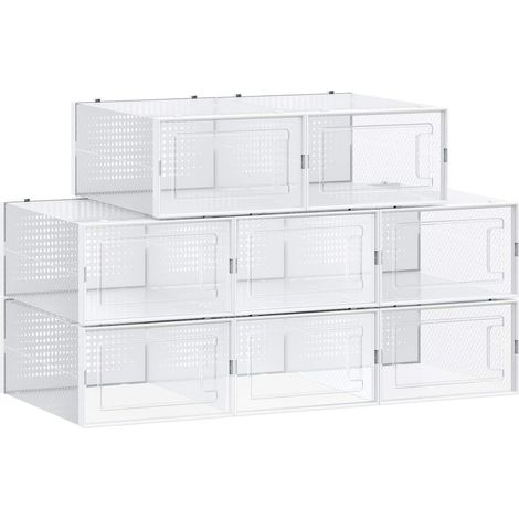 Boîtes à Chaussures, Lot de 8, Rangement Chaussures, Pliable, pour Pointure Jusqu’à 44, Transparent et Blanc LSP08SWT (1/5)