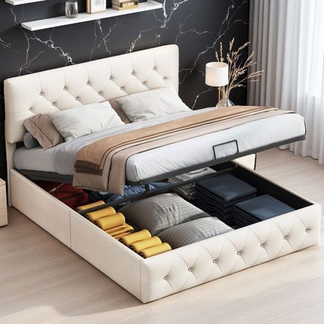 Doppelbett 160x200 cm - Velours Aprikose - Bettgestell mit Stauraum - Luxusdesign - 2 Personen (1/5)
