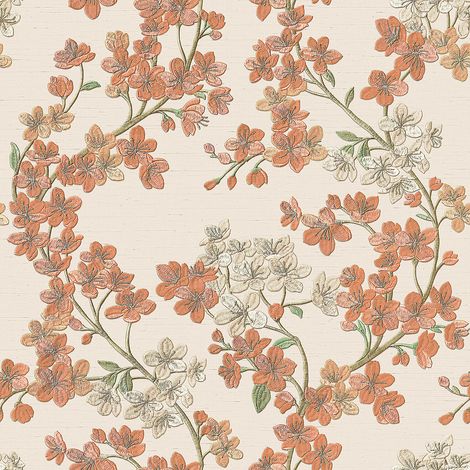 Blumen Tapete Profhome GR322202-DI heißgeprägte Vliestapete mit floralen Ornamenten schimmernd beige lachs-orange hell-grün perl-weiß 5,33 m2